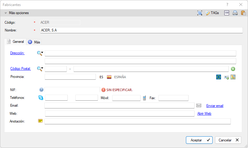 Ficha del Fabricante
