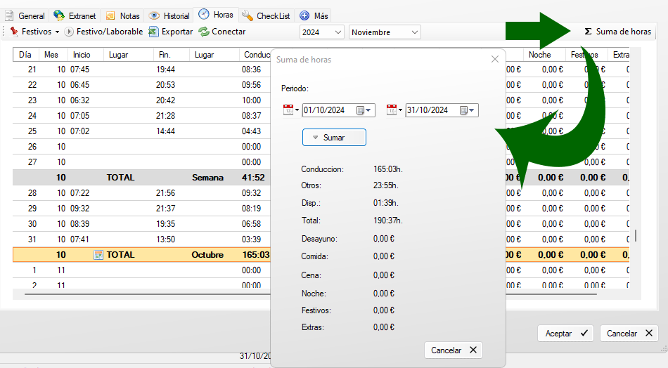 Suma de horas en cuadrícula