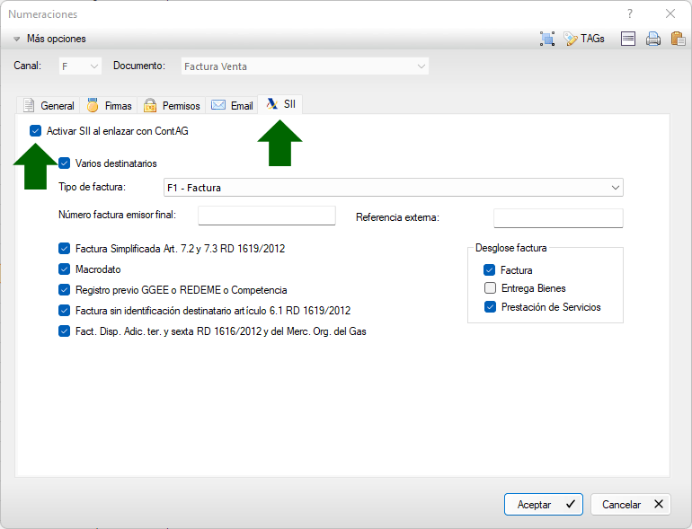 Parámetros SII en las numeraciones