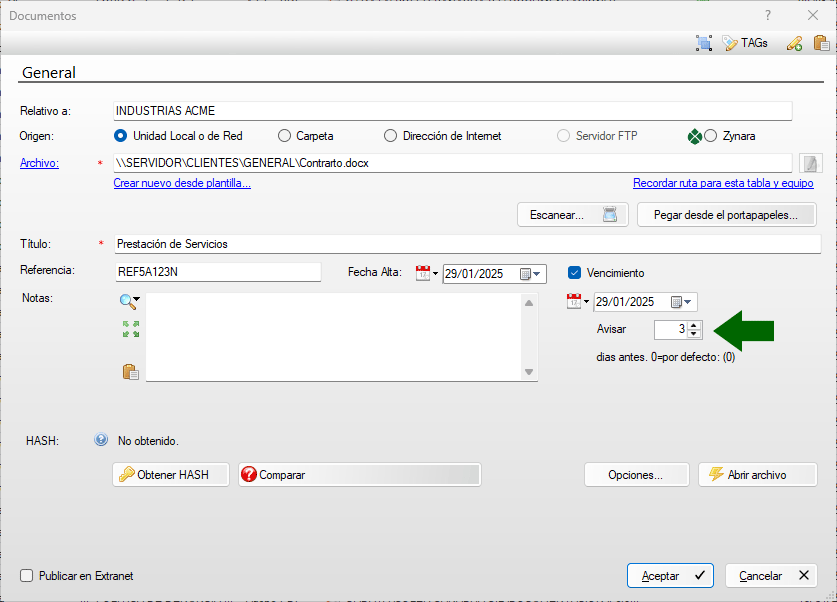 Días previos de aviso al vencimiento